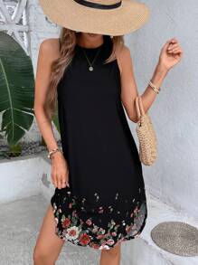 SHEIN LUNE Vestido tank con estampado floral bajo curvo - Negro - Ver 1
