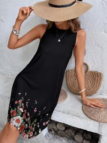 SHEIN LUNE Vestido tank con estampado floral bajo curvo - Negro - Ver 3