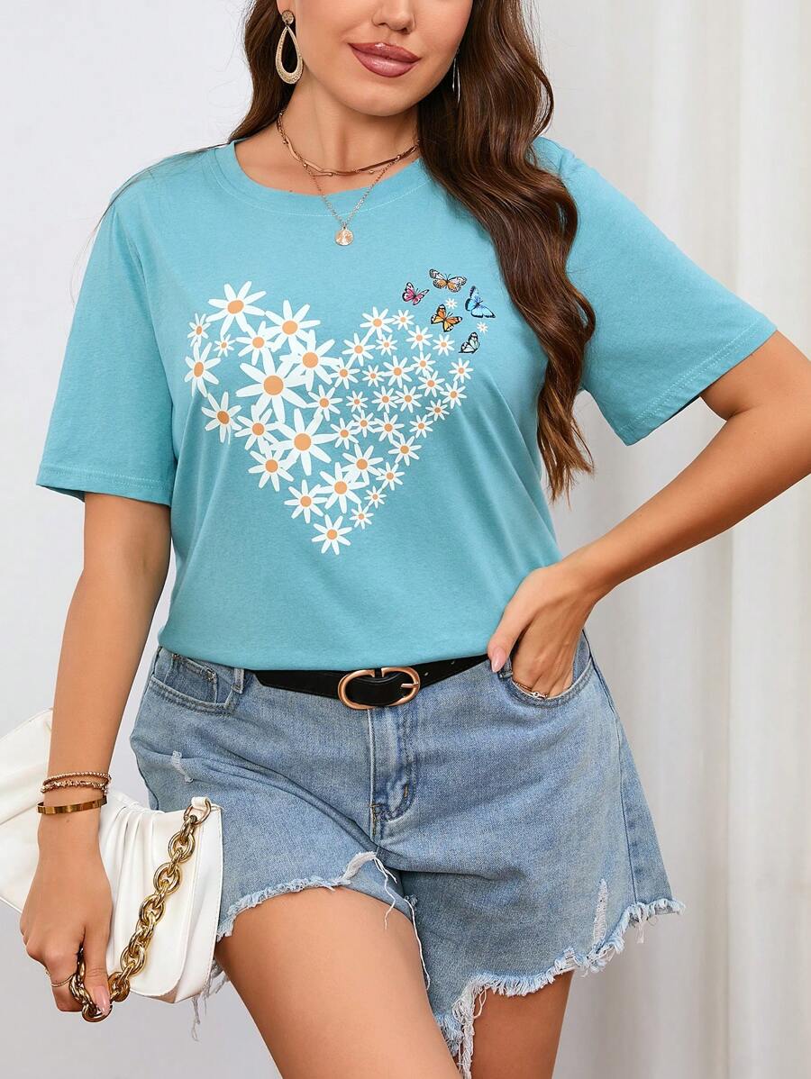 SHEIN LUNE Áo thun Plus size Hoa Giải trí - Màu xanh Cadet - Xem 1