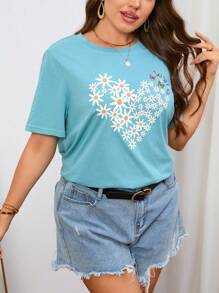 SHEIN LUNE Áo thun Plus size Hoa Giải trí - Màu xanh Cadet - Xem 5