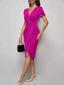 SHEIN Clasi Vestido bajo cruzado unicolor - Rosa Fucsia - Ver 4