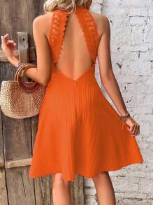 SHEIN LUNE 拼接水溶蕾絲露背繞頸洋裝 - 亮橙色 - 查看 3