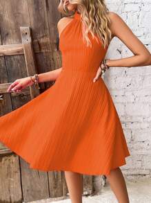 SHEIN LUNE 拼接水溶蕾絲露背繞頸洋裝 - 亮橙色 - 查看 4