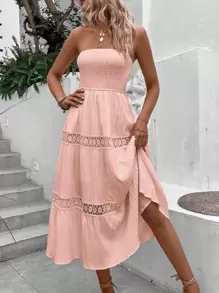 Breezaya 水溶蕾絲拼接荷葉邊抹胸連衣裙 - 粉色 - 查看 5