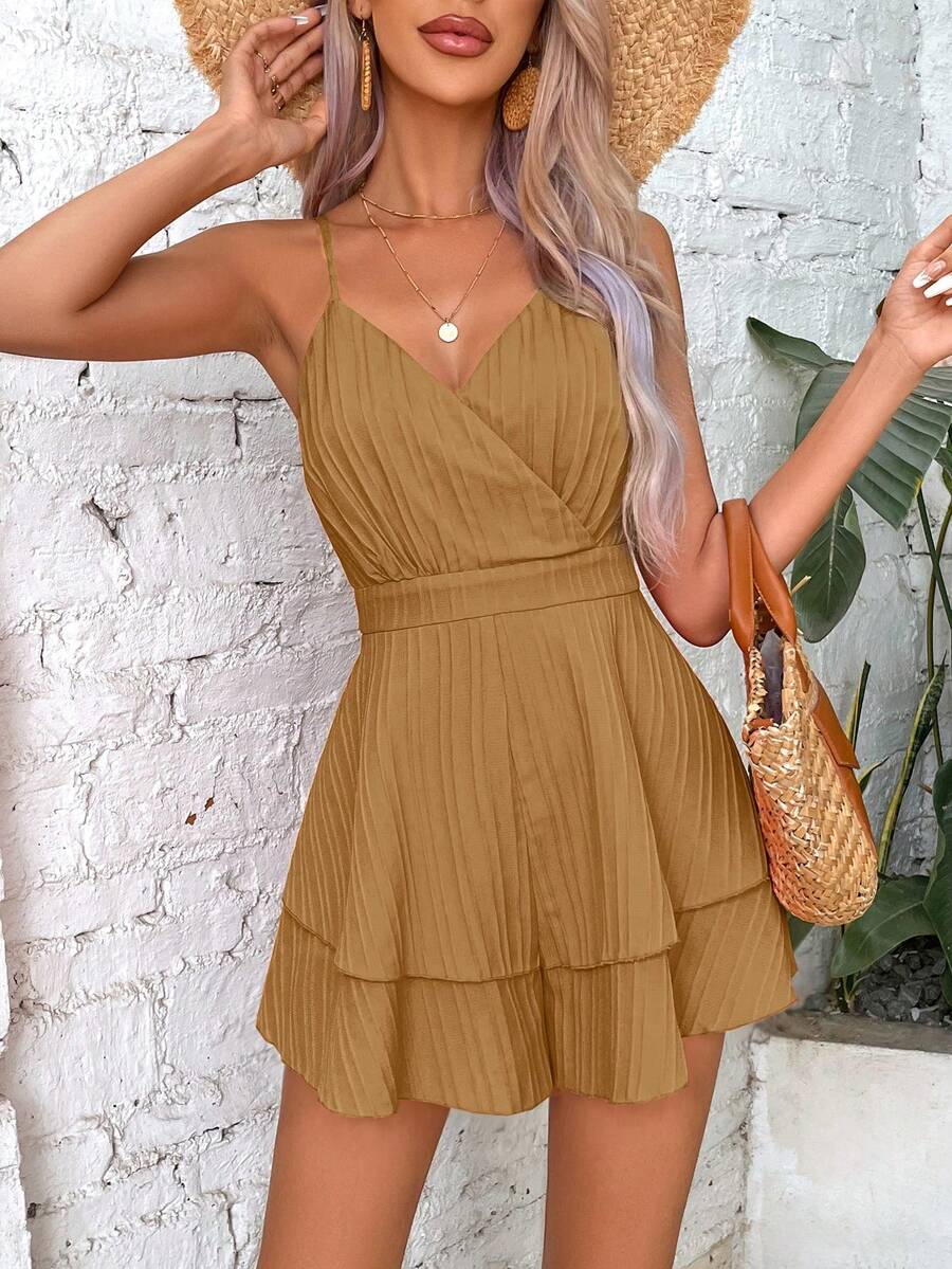SHEIN WYWH 素色荷葉邊吊帶連體短褲 - 卡其色 - 查看 1