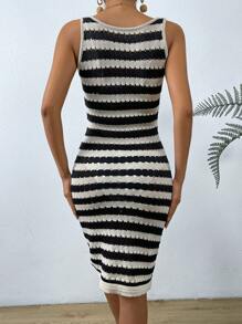 Chiquease Vestido de punto tank con patrón de rayas - Blanco y Negro - Ver 2