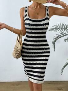 Chiquease Vestido de punto tank con patrón de rayas - Blanco y Negro - Ver 6