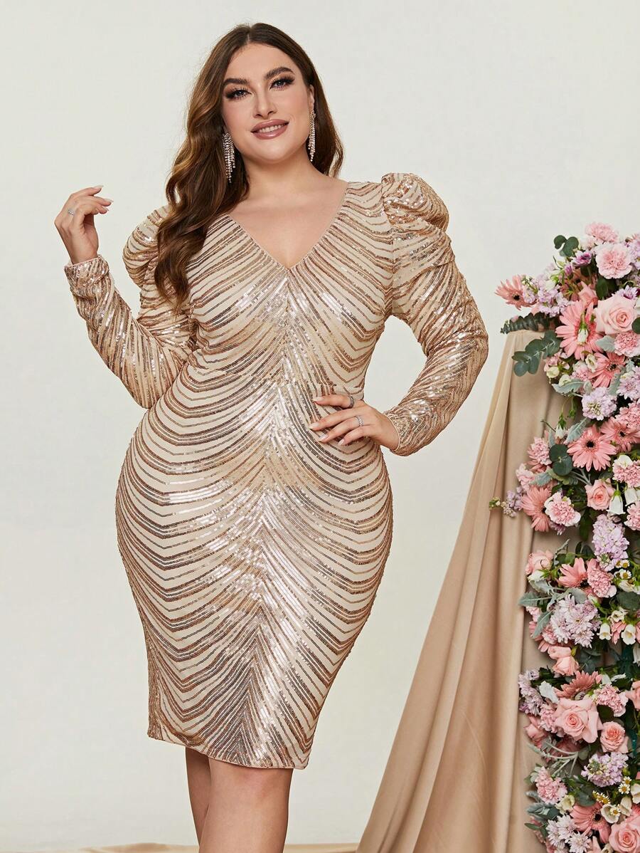 Plus Gigot Sleeve Sequin Bodycon Dress - Champagne - View 1