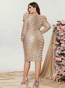 Plus Gigot Sleeve Sequin Bodycon Dress - Champagne - View 2