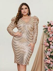 Plus Gigot Sleeve Sequin Bodycon Dress - Champagne - View 4