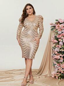Plus Gigot Sleeve Sequin Bodycon Dress - Champagne - View 5
