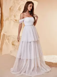 Off Shoulder Layered Mesh Overlay Dress - White - View 1