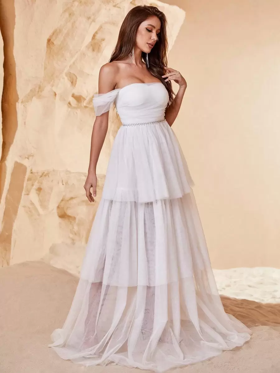 Off Shoulder Layered Mesh Overlay Dress - White - View 1