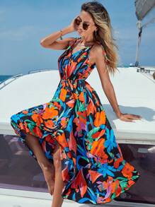 SHEIN VCAY Floral Print Tie Shoulder Ruffle Hem Dress, Women Cruise Outfit - Multicolor - View 5
