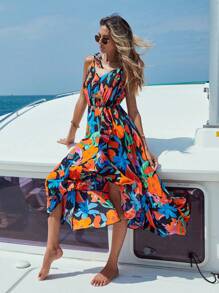 SHEIN VCAY Floral Print Tie Shoulder Ruffle Hem Dress, Women Cruise Outfit - Multicolor - View 4