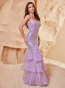 亮片拼接網紗覆蓋吊帶連衣裙 - 淡紫色 - 查看 1