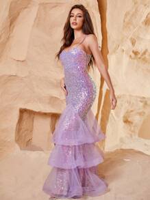 亮片拼接網紗覆蓋吊帶連衣裙 - 淡紫色 - 查看 4