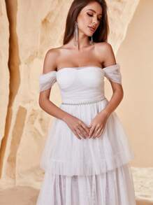 Off Shoulder Layered Mesh Overlay Dress - White - View 4