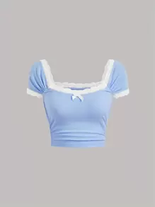 SHEIN MOD Áo thun nữ Nơ Bướm Tương phản ren Xù Gân đan Khối Màu Giải trí - Màu xanh nhạt - Xem 2