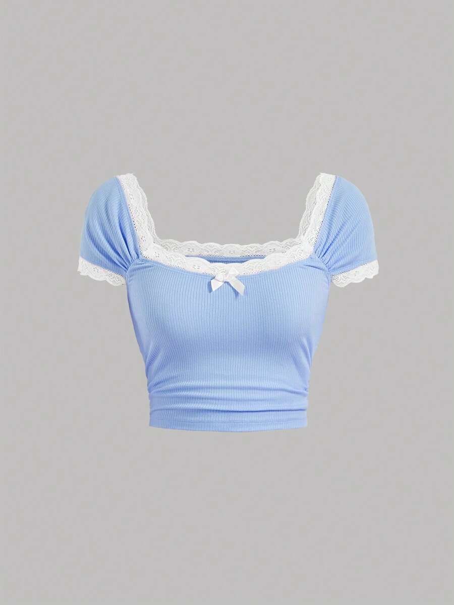 SHEIN MOD Áo thun nữ Nơ Bướm Tương phản ren Xù Gân đan Khối Màu Giải trí