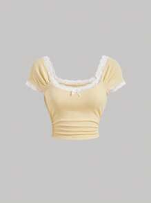 SHEIN MOD Camiseta con encaje en contraste con lazo delantero - Amarillo - Ver 1