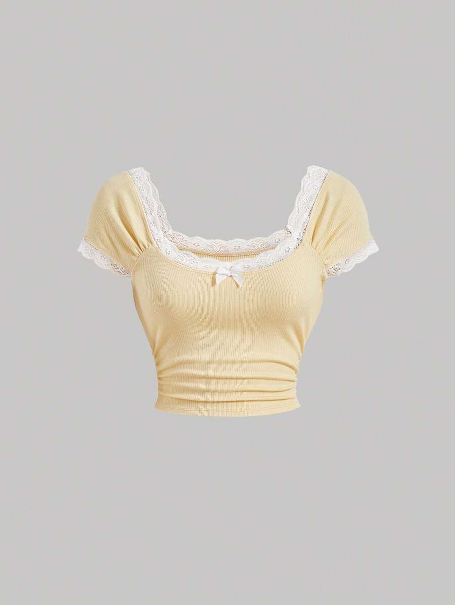 SHEIN MOD Camiseta con encaje en contraste con lazo delantero - Amarillo - Ver 1