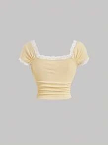 SHEIN MOD Camiseta con encaje en contraste con lazo delantero - Amarillo - Ver 2