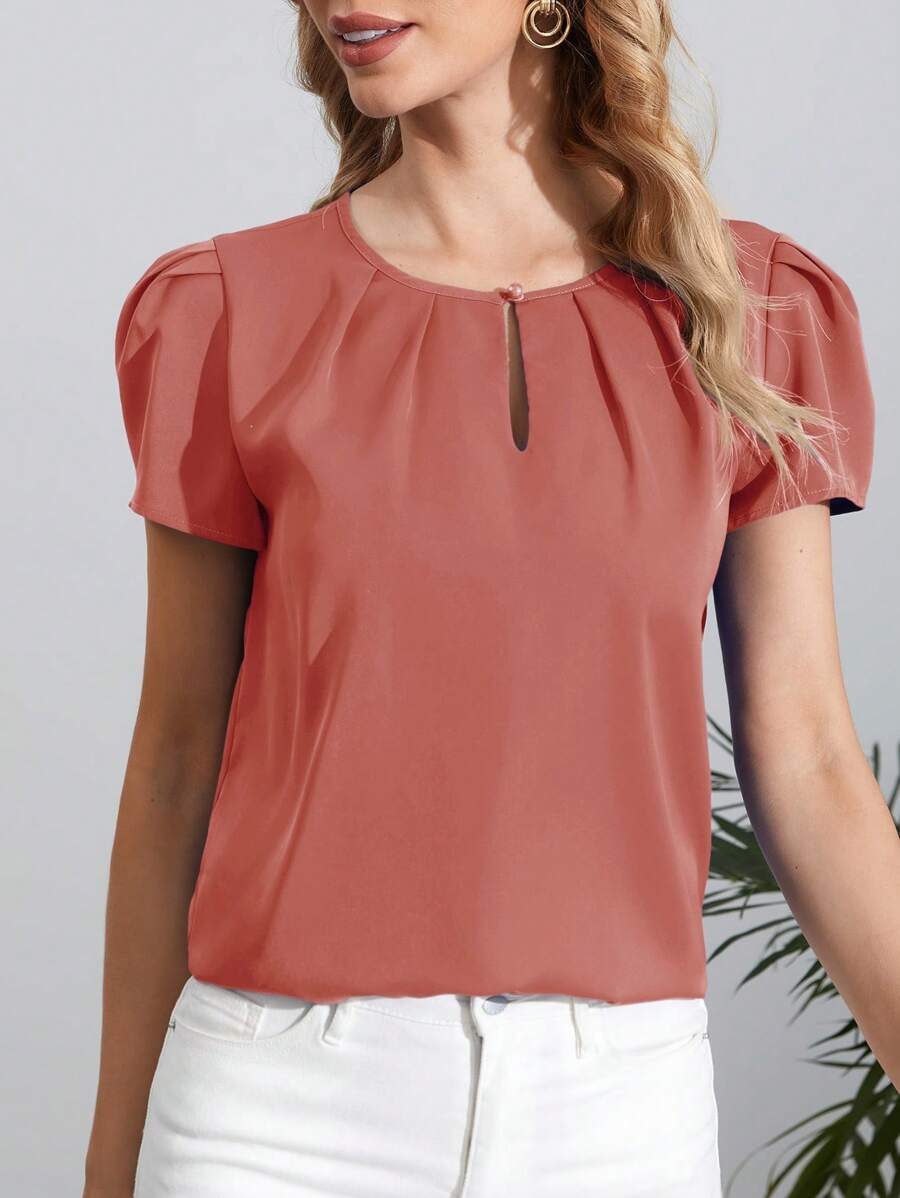 SHEIN Clasi 鎖眼領口泡泡袖褶皺細節上衣 - 乾枯玫瑰色 - 查看 1