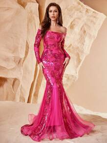 Off The Shoulder Mesh Panel Sequin Formal Dress - Hot Pink - View 1