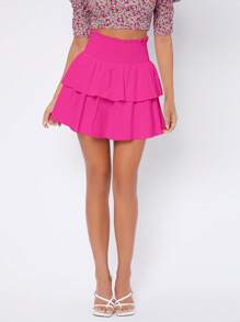 SHEIN PETITE High Waist Two Layer Hem Skirt - Hot Pink - View 1