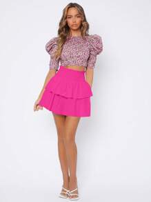 SHEIN PETITE High Waist Two Layer Hem Skirt - Hot Pink - View 3