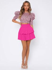 SHEIN PETITE High Waist Two Layer Hem Skirt - Hot Pink - View 5