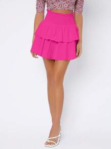 SHEIN PETITE High Waist Two Layer Hem Skirt - Hot Pink - View 6
