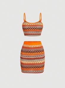 SHEIN MOD Chevron Print Cami Top & Bodycon Skirt - Multicolor - View 1