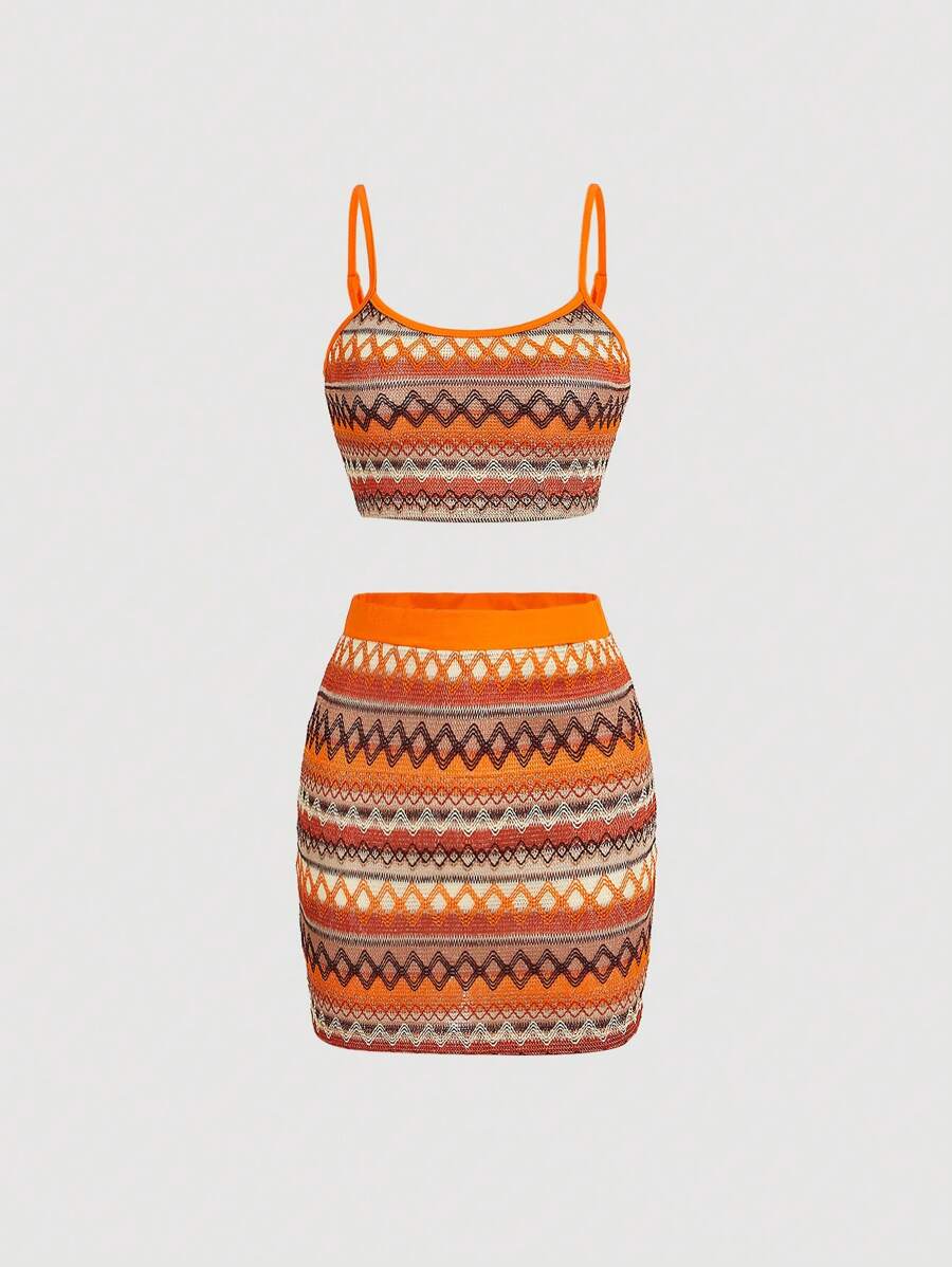 SHEIN MOD Chevron Print Cami Top & Bodycon Skirt - Multicolor - View 1