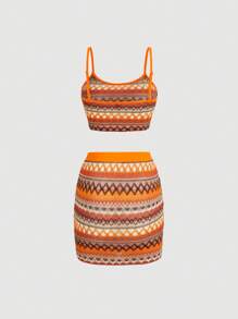 SHEIN MOD Chevron Print Cami Top & Bodycon Skirt - Multicolor - View 2
