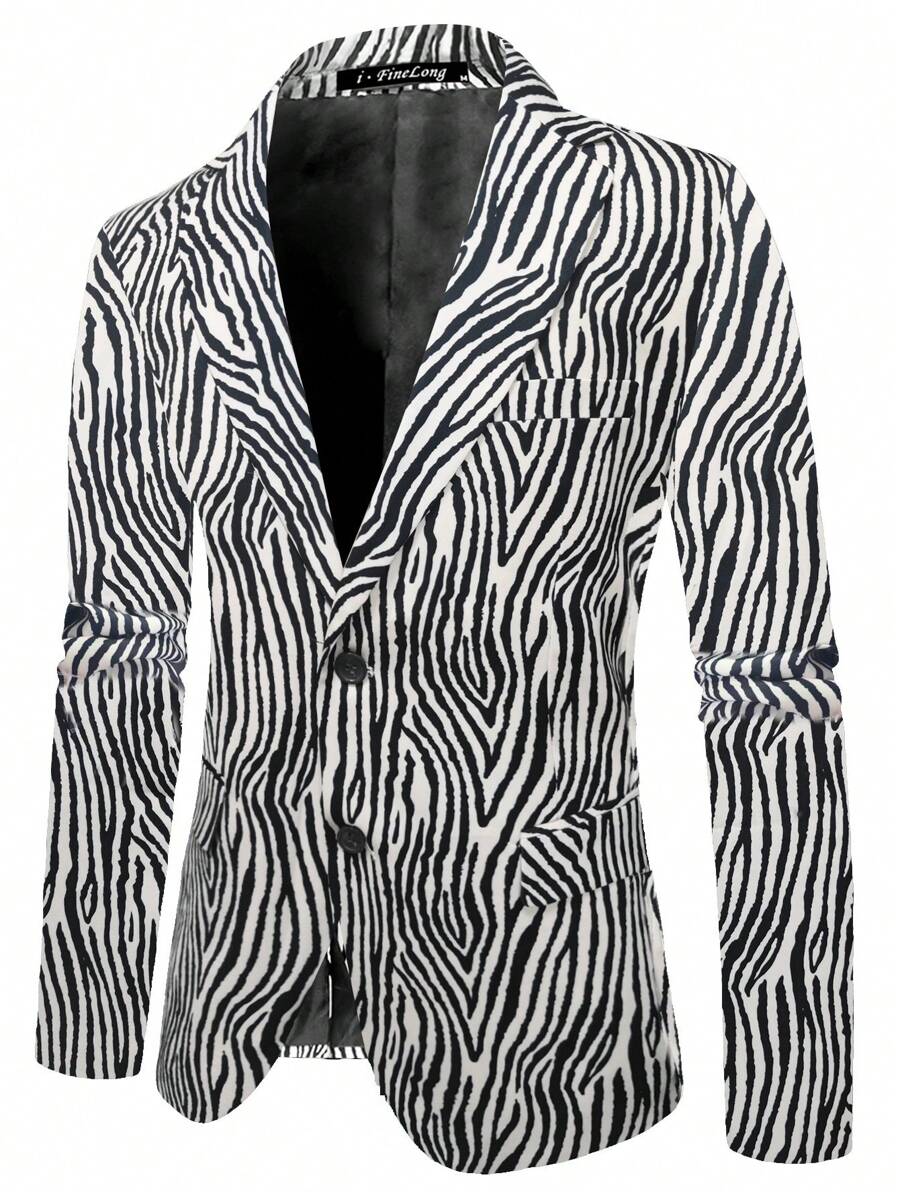 Men Zebra Striped Single Breasted Blazer - Black and White - View 1