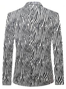 Men Zebra Striped Single Breasted Blazer - Black and White - View 2