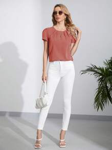 SHEIN Clasi 鎖眼領口泡泡袖褶皺細節上衣 - 乾枯玫瑰色 - 查看 3