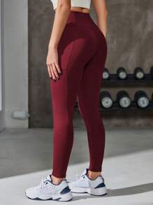 Powerista 宽腰带手机口袋侧运动紧身裤瑜伽女裤 - 酒紅色 - 查看 6