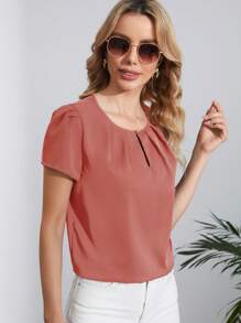 SHEIN Clasi 鎖眼領口泡泡袖褶皺細節上衣 - 乾枯玫瑰色 - 查看 4