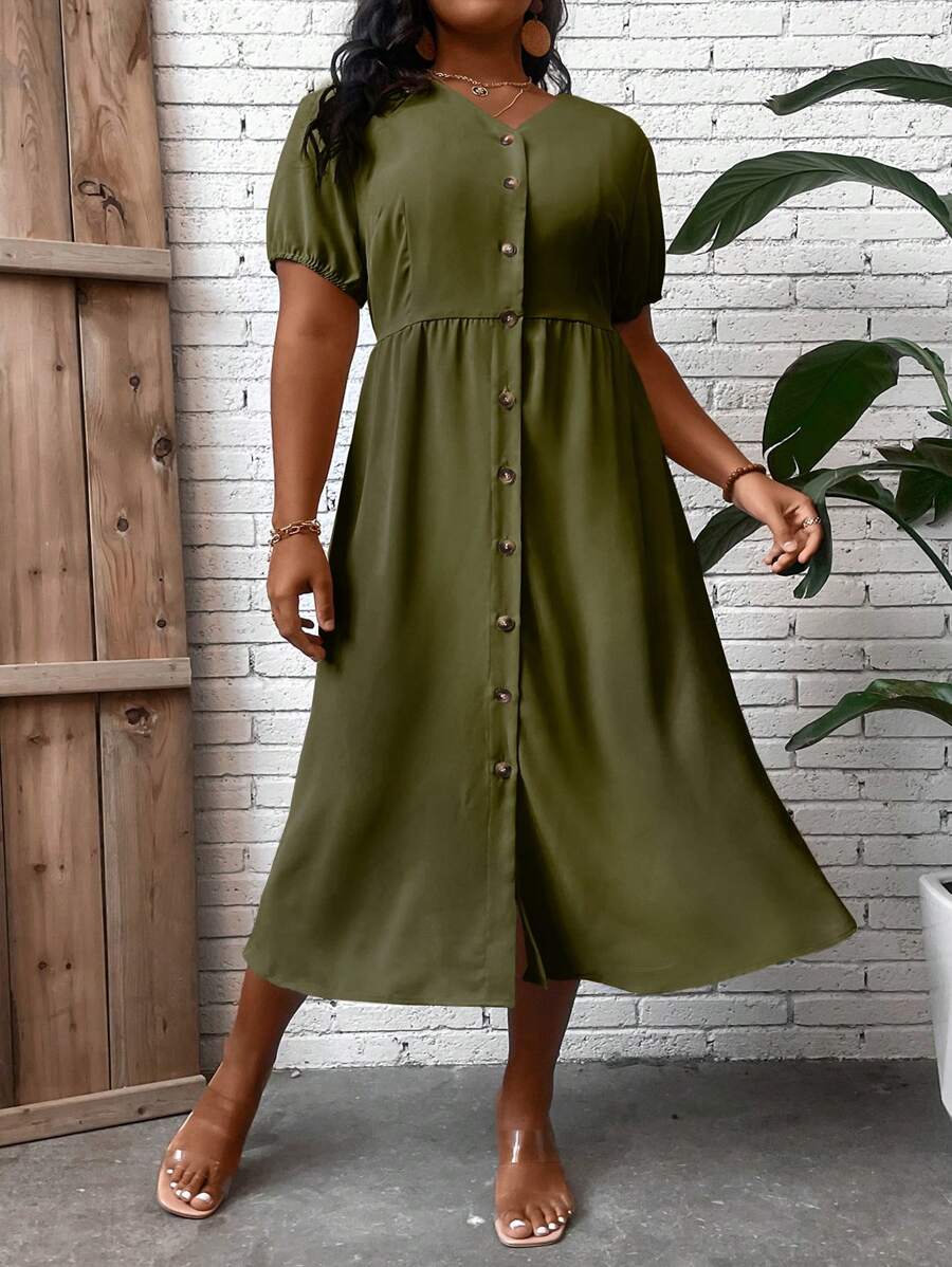 SHEIN LUNE 大碼前紐扣泡泡袖連衣裙 - 軍綠色 - 查看 1