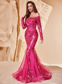 Off The Shoulder Mesh Panel Sequin Formal Dress - Hot Pink - View 4