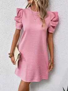 SHEIN Clasi Solid Puff Sleeve Tunic Dress