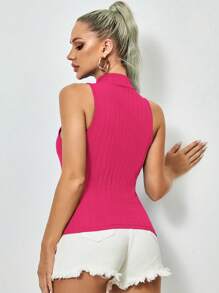 SHEIN Essnce Mock Neck Rib-knit Tank Top - Hot Pink - View 2