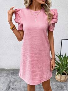 SHEIN Clasi Solid Puff Sleeve Tunic Dress