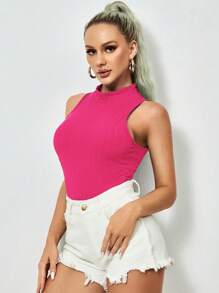 SHEIN Essnce Mock Neck Rib-knit Tank Top - Hot Pink - View 3