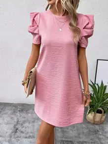 SHEIN Clasi Solid Puff Sleeve Tunic Dress