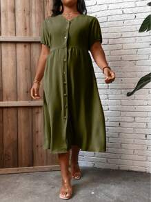 SHEIN LUNE 大碼前紐扣泡泡袖連衣裙 - 軍綠色 - 查看 3