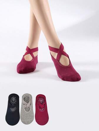 3 Pairs Women Non-Slip Yoga/Pilates Socks With Drawstring, Black, Gray, Wine Red